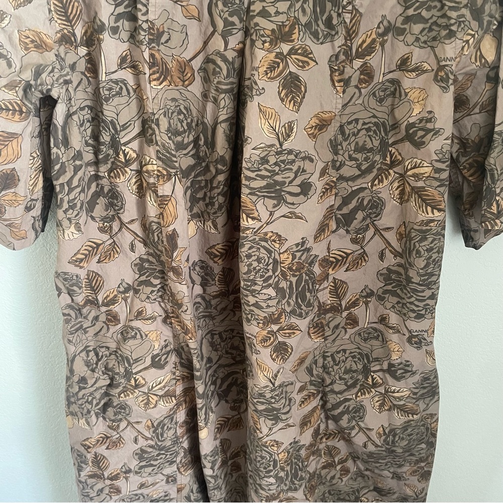 Ganni Oversized Poplin Maxi Shirt Dress EU 34 Cotton Brown Botanical Print - Picture 12 of 16